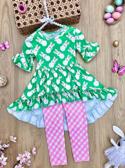 Girls Easter-themed set features ruffle sleeve hi-lo tunic and all-over floral or plaid print stretchy leggings for 2T to 10Y for toddlers and girls