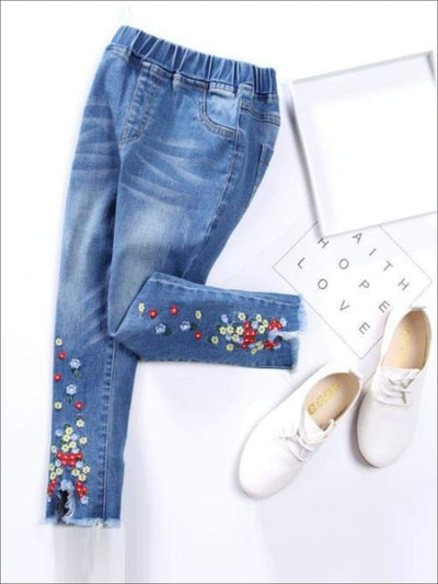 Girls Fall Clothes | Flower Embroidered Frayed Hem Jeans | Girls Boutique