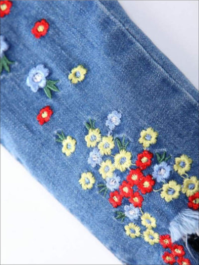 Girls Fall Clothes | Flower Embroidered Frayed Hem Jeans | Girls ...