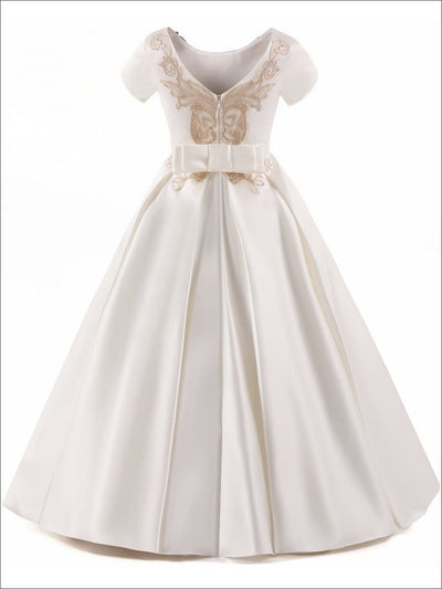 Girls Elegant Gold Embroidered Short Sleeve Flared Floor Length Gown with Bow Tie Belt - Girls Gown