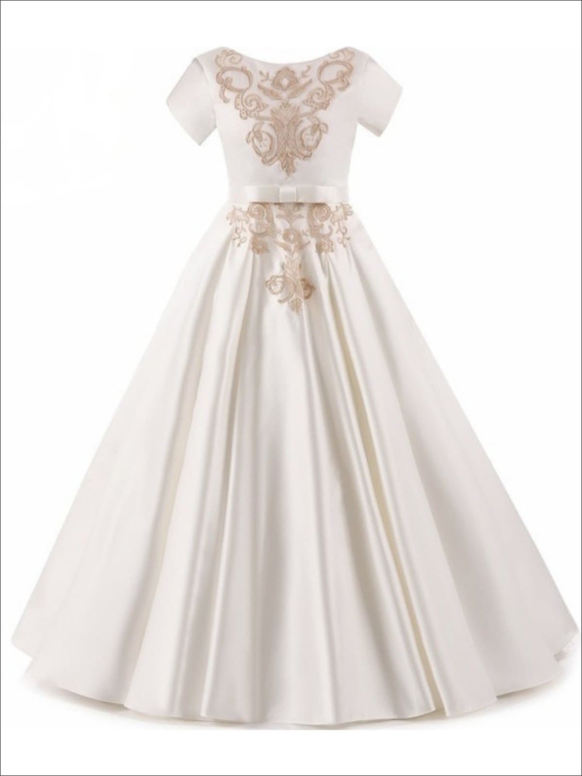 Girls Elegant Gold Embroidered Short Sleeve Flared Floor Length Gown with Bow Tie Belt - Ivory / 3T - Girls Gown