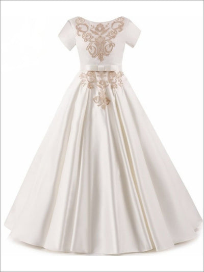 Girls Elegant Gold Embroidered Short Sleeve Flared Floor Length Gown with Bow Tie Belt - Ivory / 3T - Girls Gown