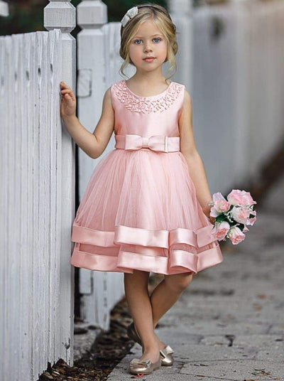 Girls Elegant Pearl Embellished Two Tier Special Occasion Holiday Dress