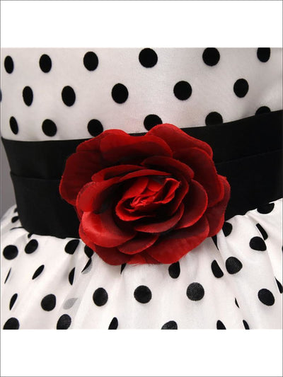 Girls Elegant Sleeveless Formal Polka Dot Dress with Flower Sash ( 2 Color Options) - Girls Spring Dressy Dress