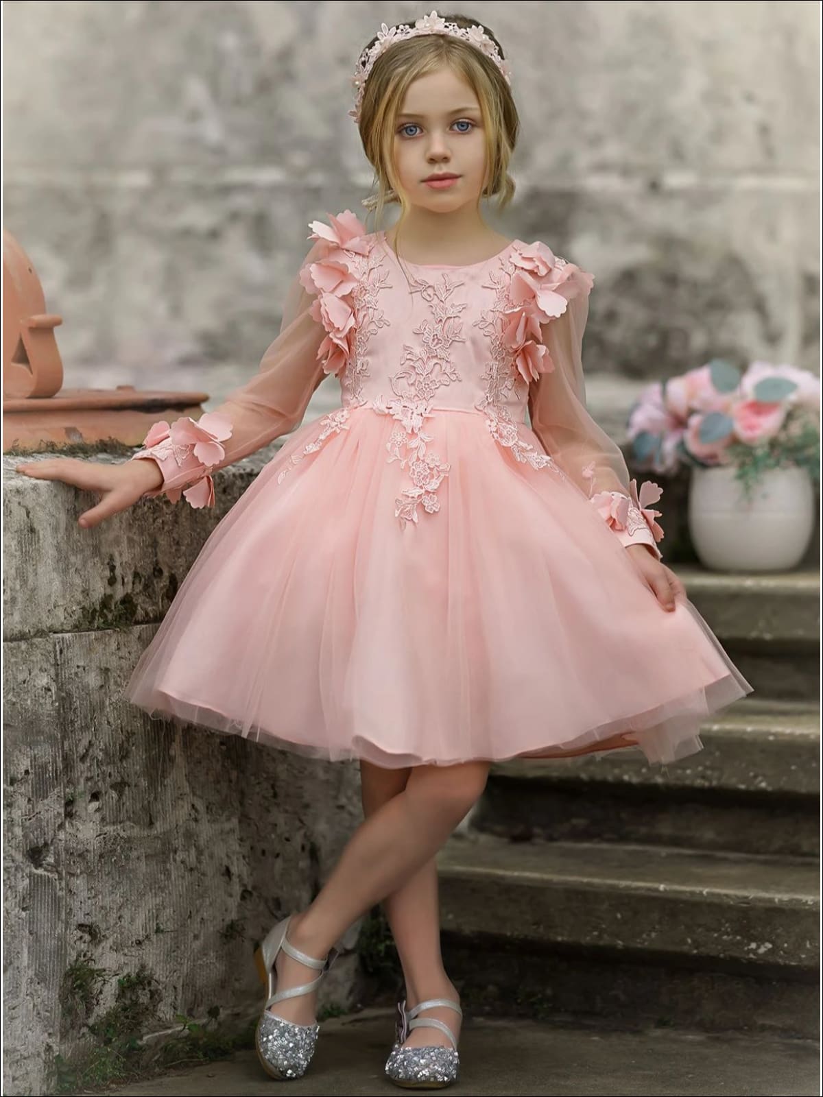 Girls Embellished Flowered Long Sleeve Dress - Pink / 7Y - Girls Spring Dressy Dress