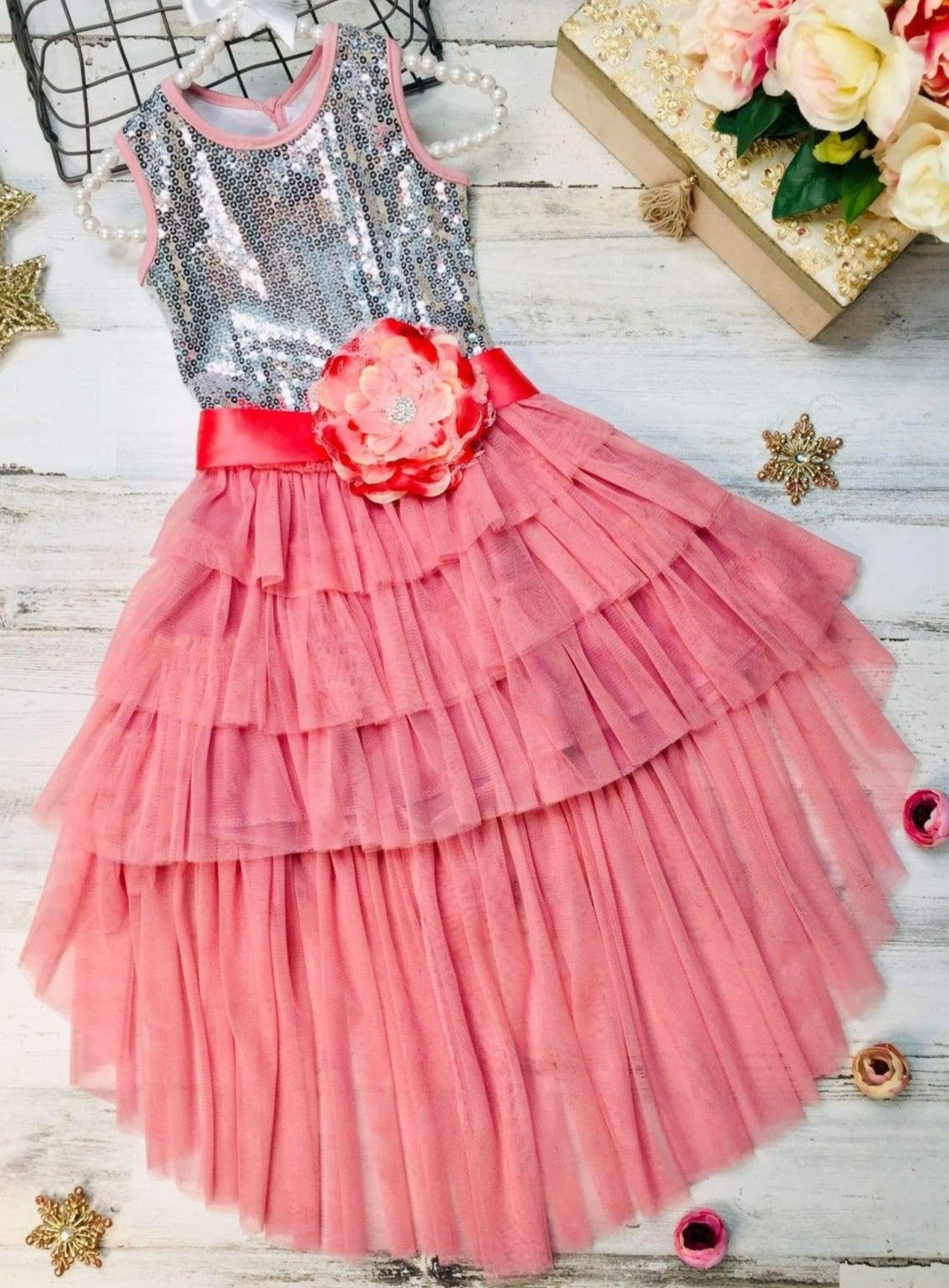 Girls Embellished Ruffled Tiered Hi-Lo Tutu Dress - Girls Spring Dressy Dress