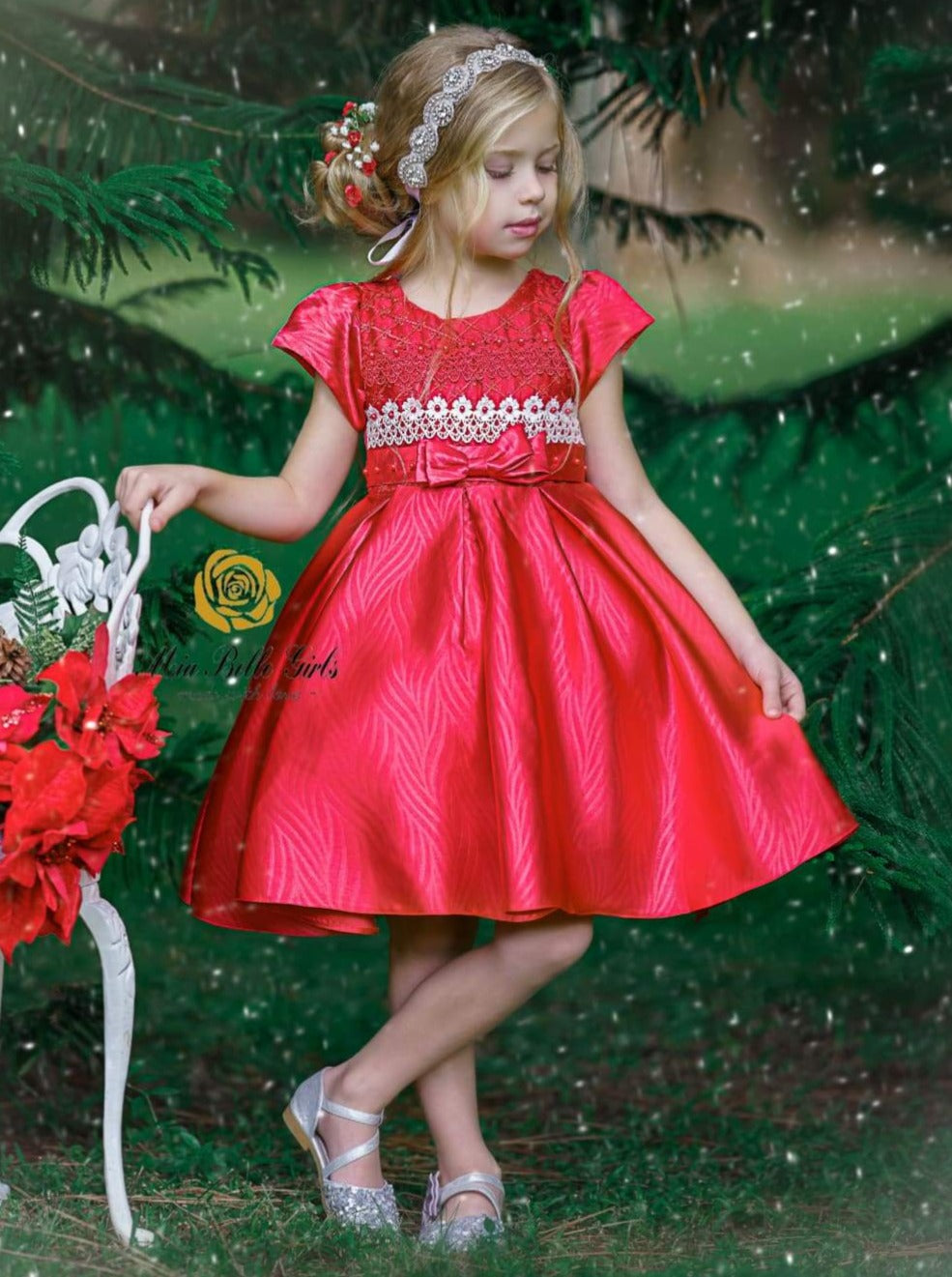 Mia Belle Girls Embroidered Lace Applique Holiday Dress
