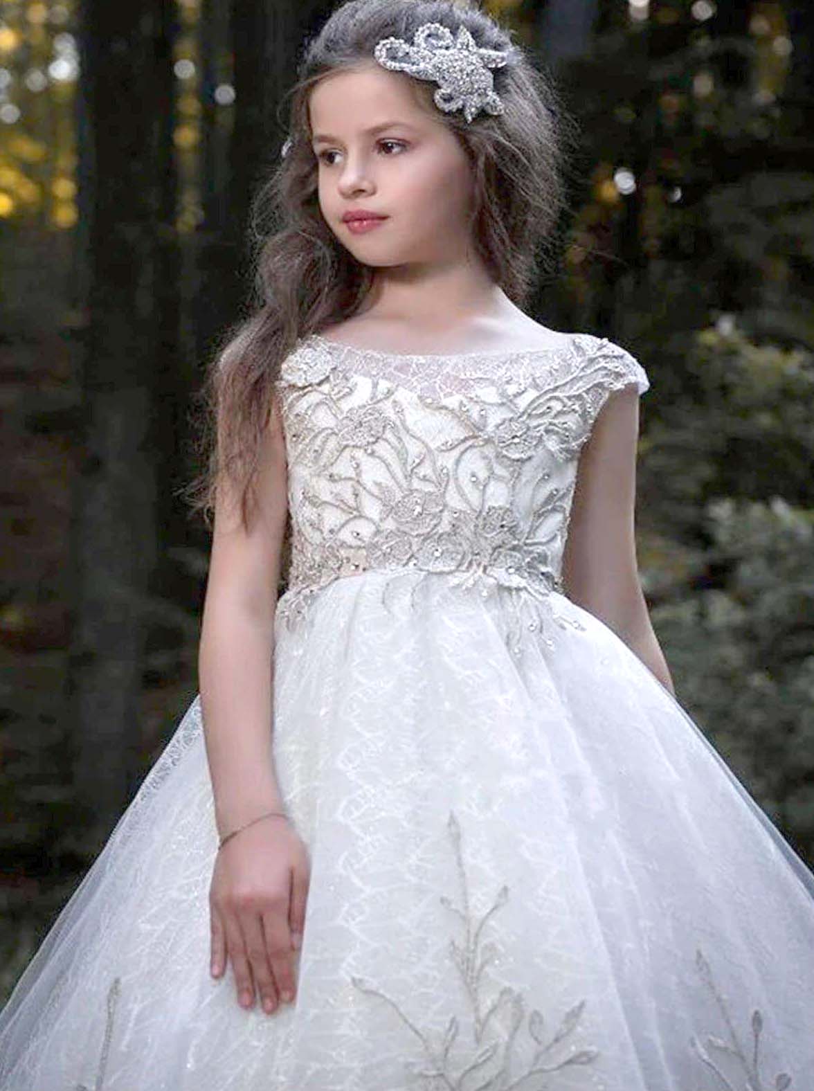 Mia Belle Girls Communion Dresses | White Pearl Embroidered Gown
