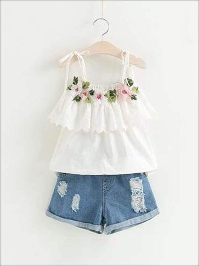 Girls Embroidered Ruffled Tunic & Denim Shorts Set - white / 2T - Casual Spring Set
