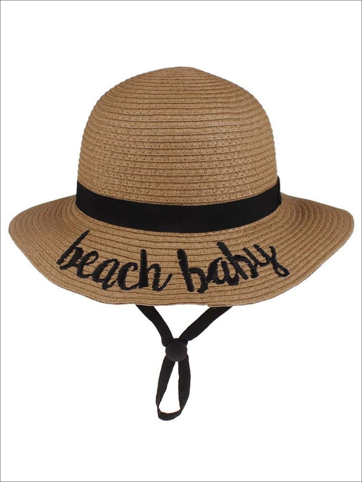 Girls Embroidered Saying Straw Hat With Strap - Tan- Beach - Girls Hats