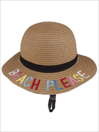 Girls Embroidered Saying Straw Hat With Strap - Tan- Beach Please - Girls Hats