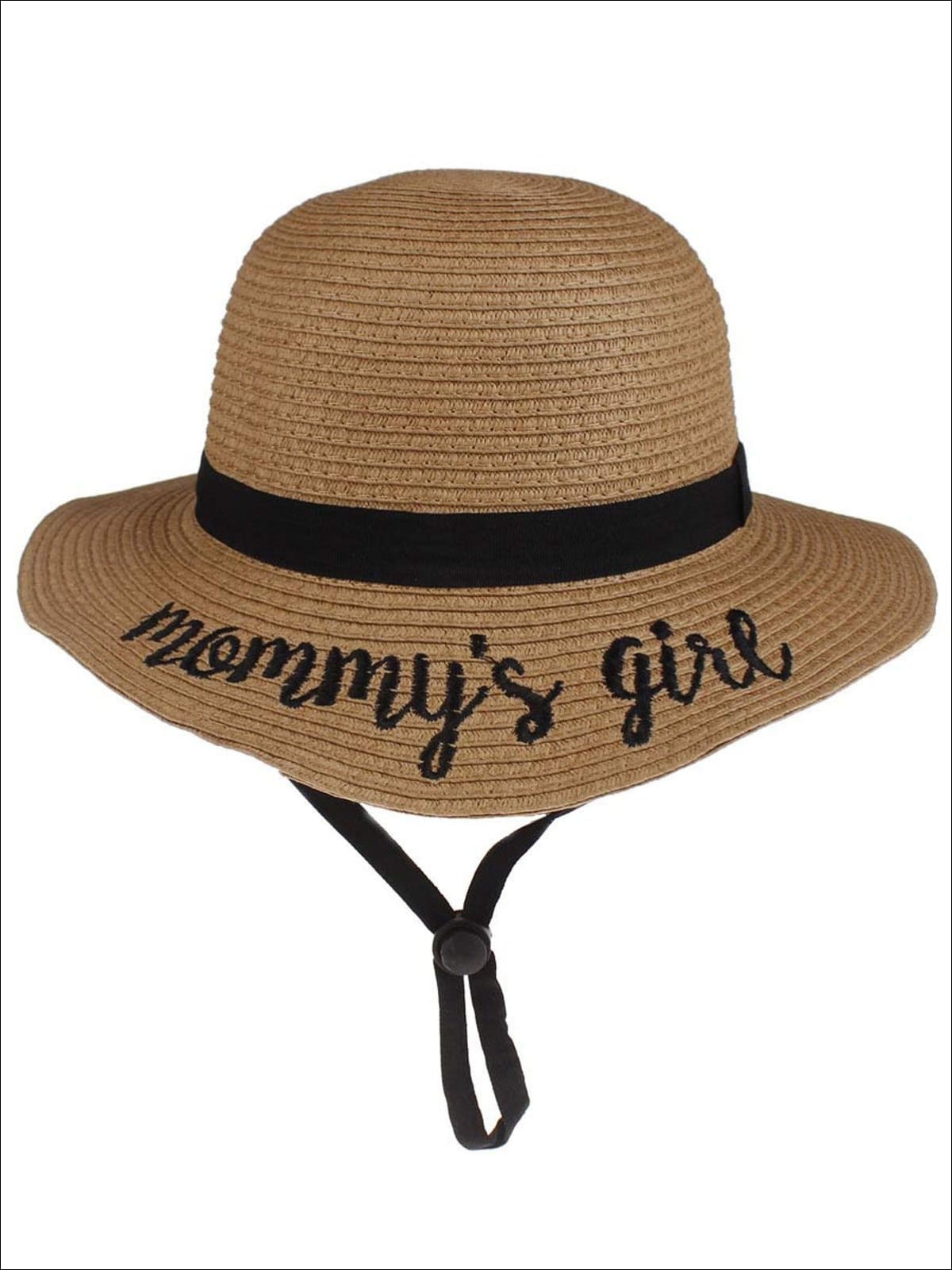 Girls Embroidered Saying Straw Hat With Strap - Tan- Mommys Girl - Girls Hats