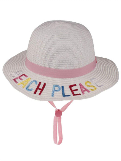 Girls Embroidered Saying Straw Hat With Strap - White- Beach Please - Girls Hats