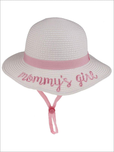 Girls Embroidered Saying Straw Hat With Strap - White- Mommys Girl - Girls Hats