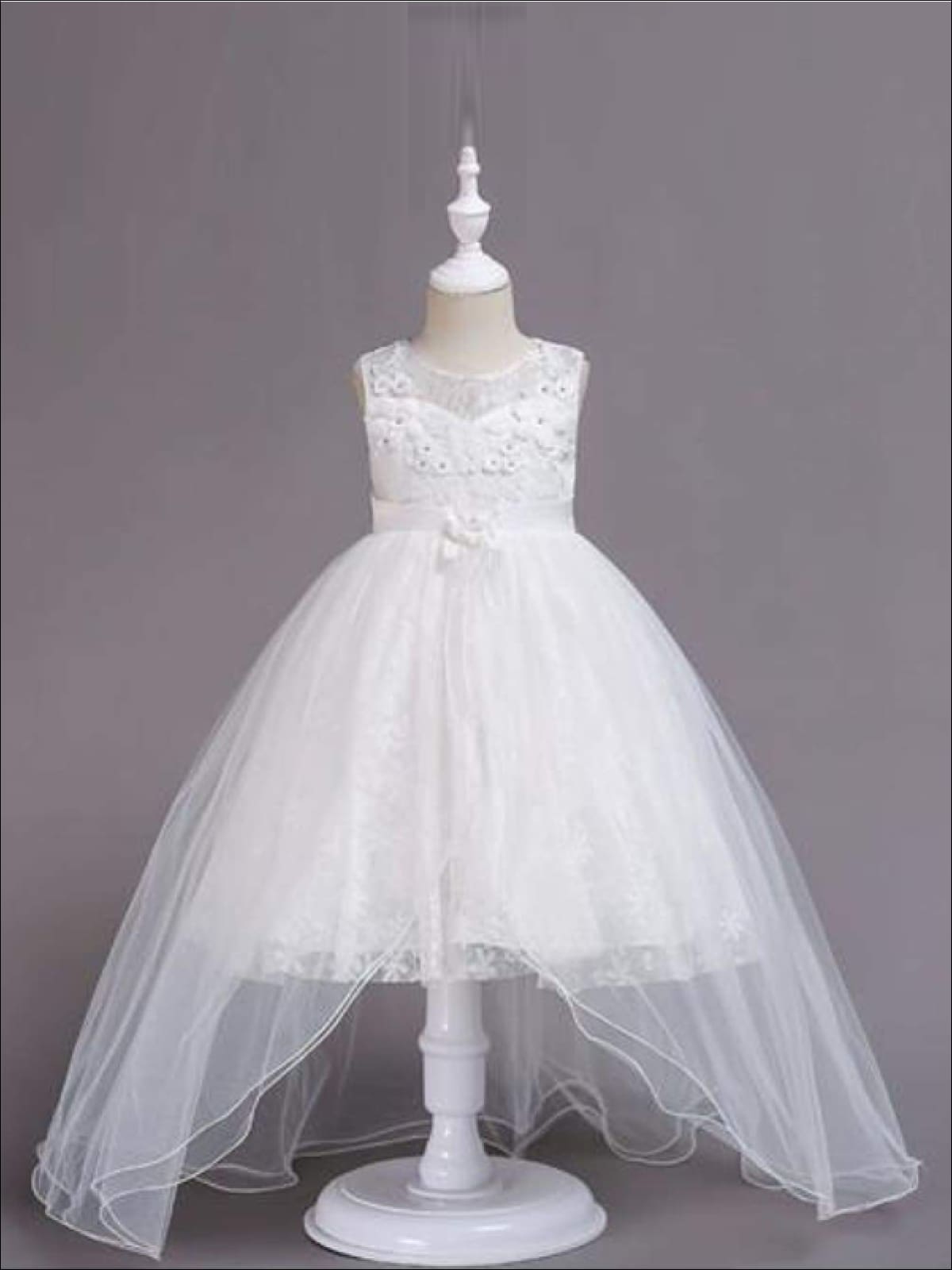 Girls Exquisite Tulle & Lace Floral Applique Holiday Dress - White / 3T - Girls Fall Dressy Dress