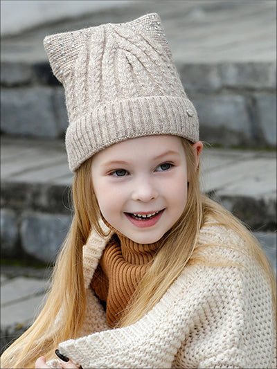 Girls Fall Cable Knit Animal Ear Embellished Beanie - Beige / One - Girls Hats