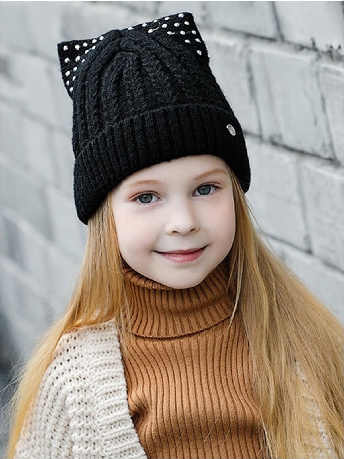 Girls Fall Cable Knit Animal Ear Embellished Beanie - Black / One - Girls Hats