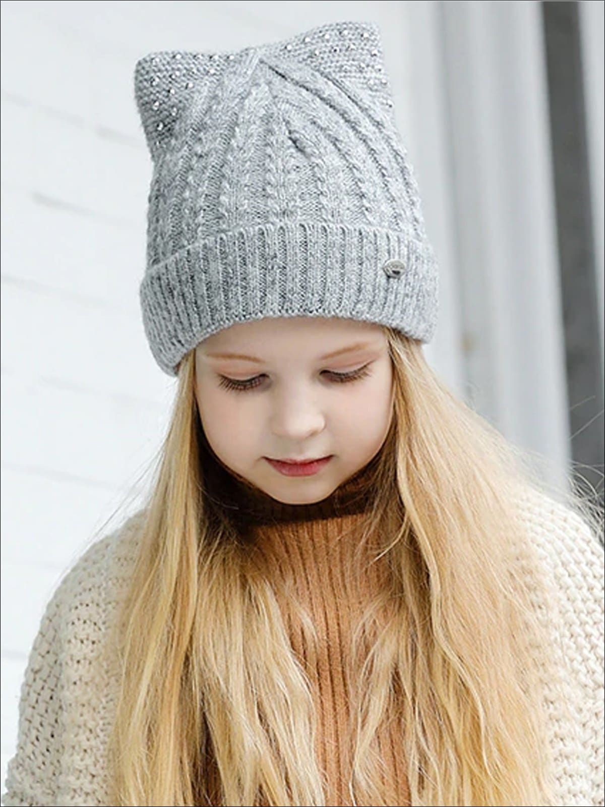 Girls Fall Cable Knit Animal Ear Embellished Beanie - Gray / One - Girls Hats
