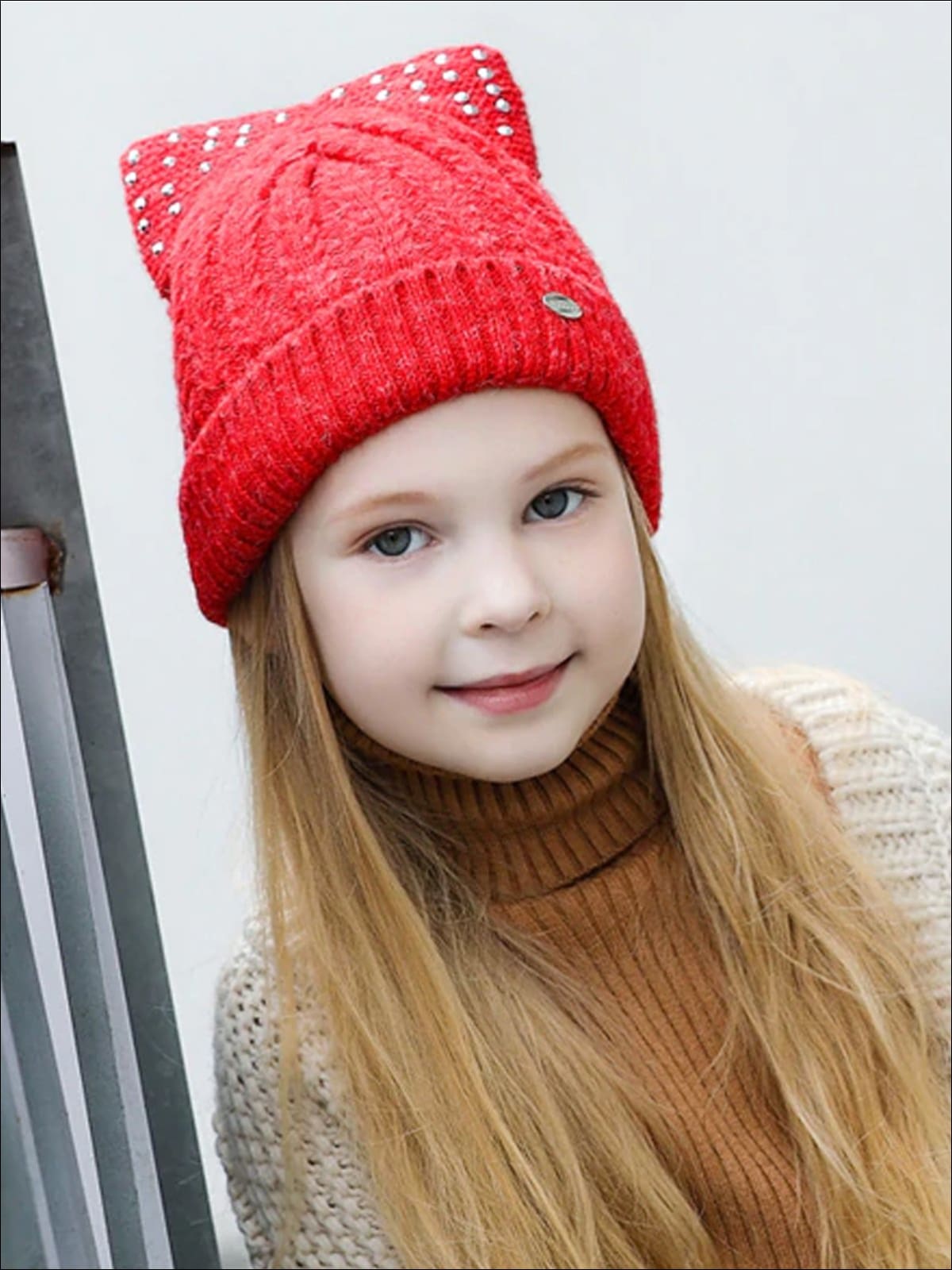 Girls Fall Cable Knit Animal Ear Embellished Beanie - Red / One - Girls Hats