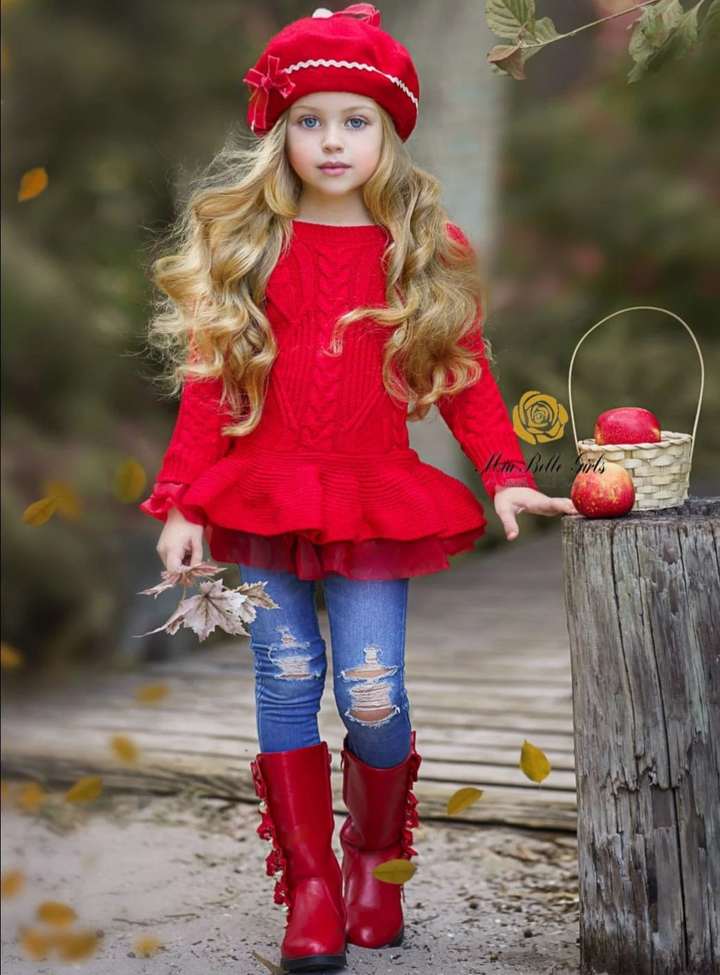 Little Girls Fall Red Cable Knit Peplum Tutu Sweater - Mia Belle Girls