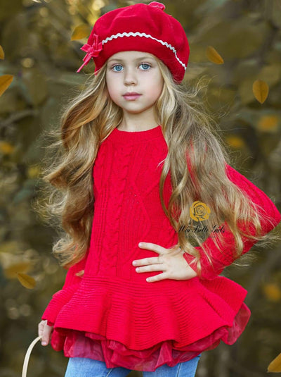 Little Girls Fall Red Cable Knit Peplum Tutu Sweater - Mia Belle Girls