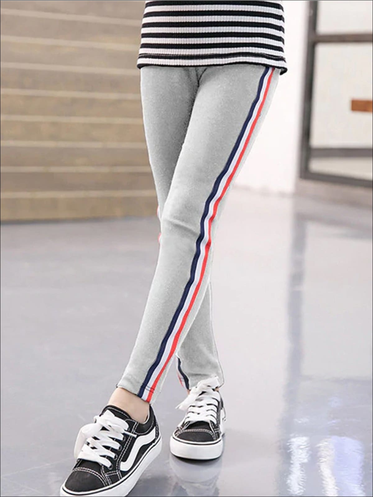 Girls Fall Casual Striped Knit Leggings - Grey / 2T - Girls Leggings