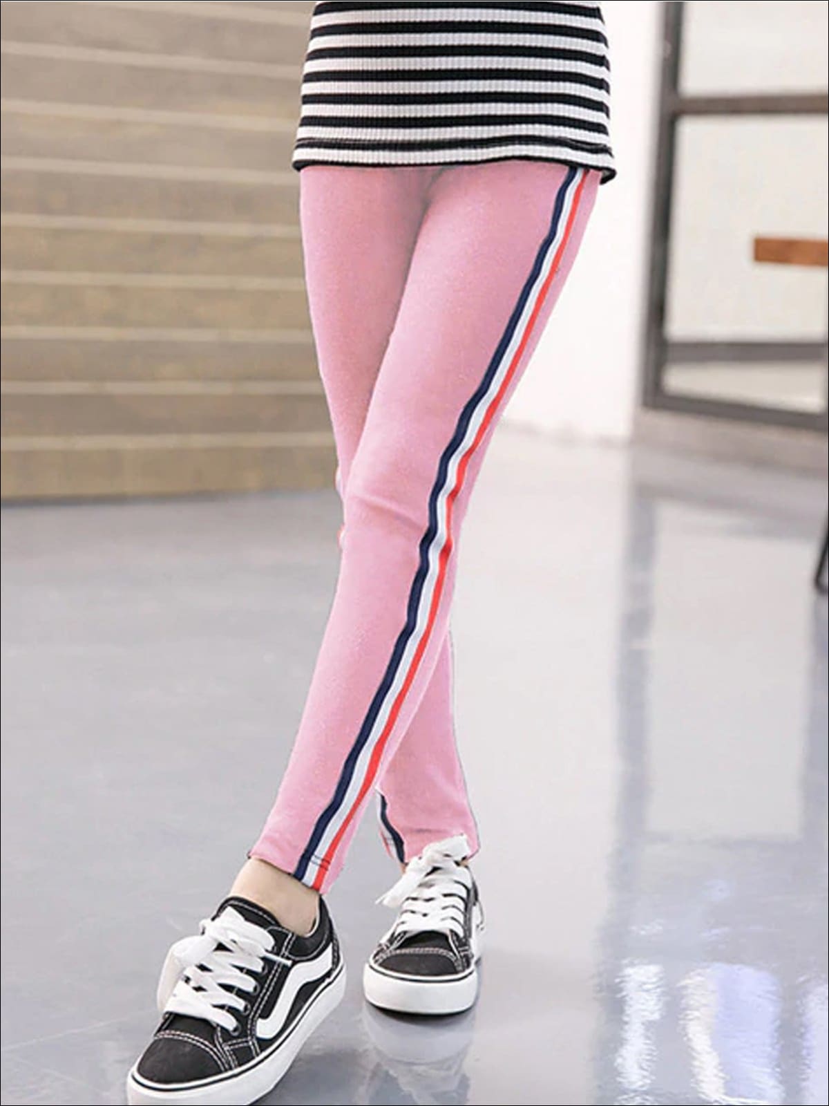 Girls Fall Casual Striped Knit Leggings - Pink / 2T - Girls Leggings
