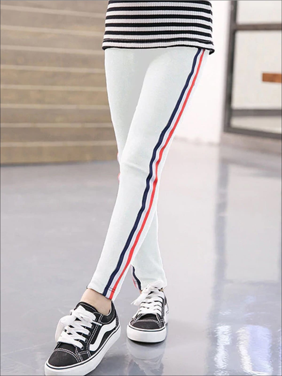 Girls Fall Casual Striped Knit Leggings - White / 2T - Girls Leggings
