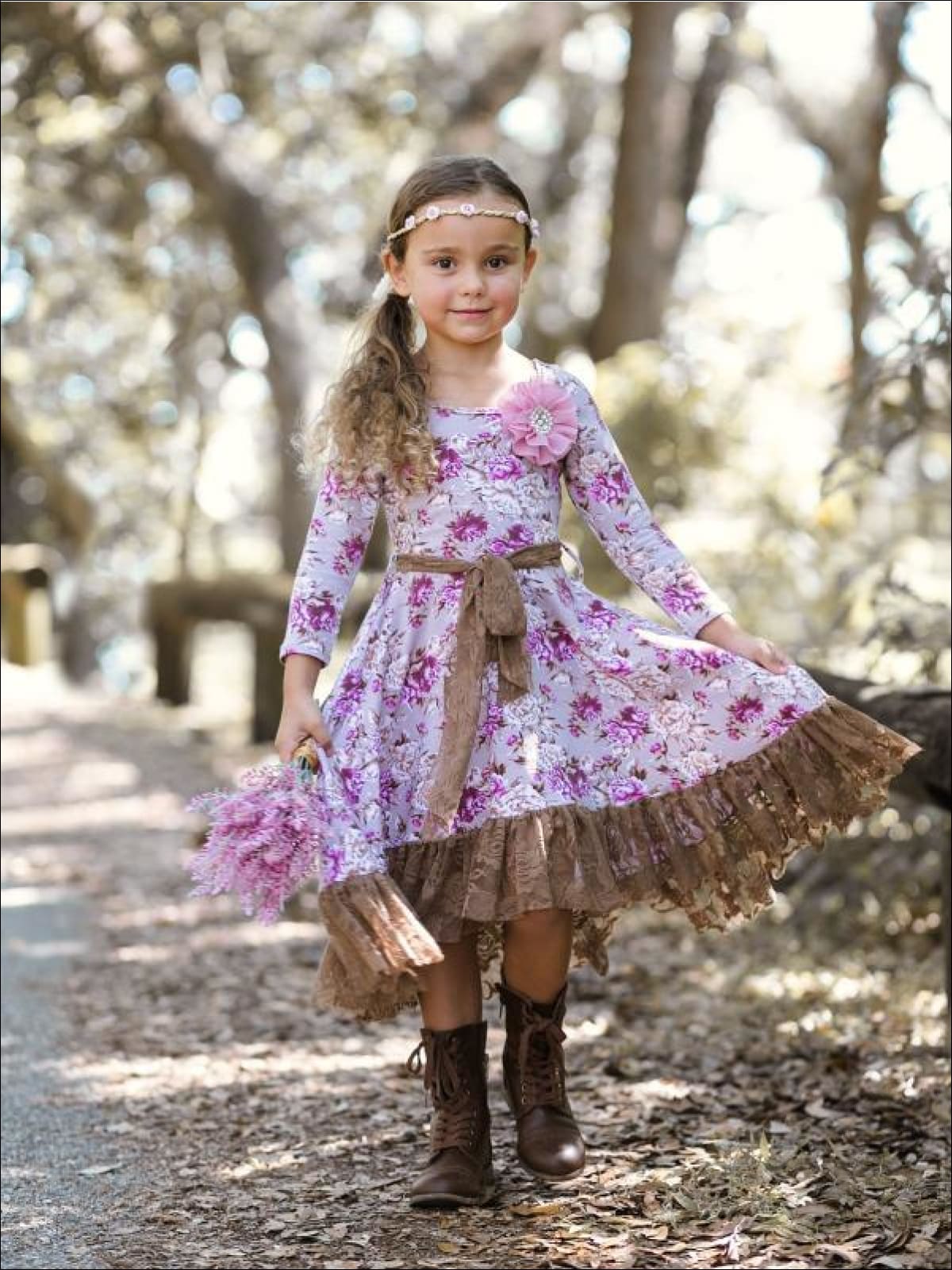 Mia Belle Girls Fall Flower Twirl Dress with Lace Ruffle & Sash