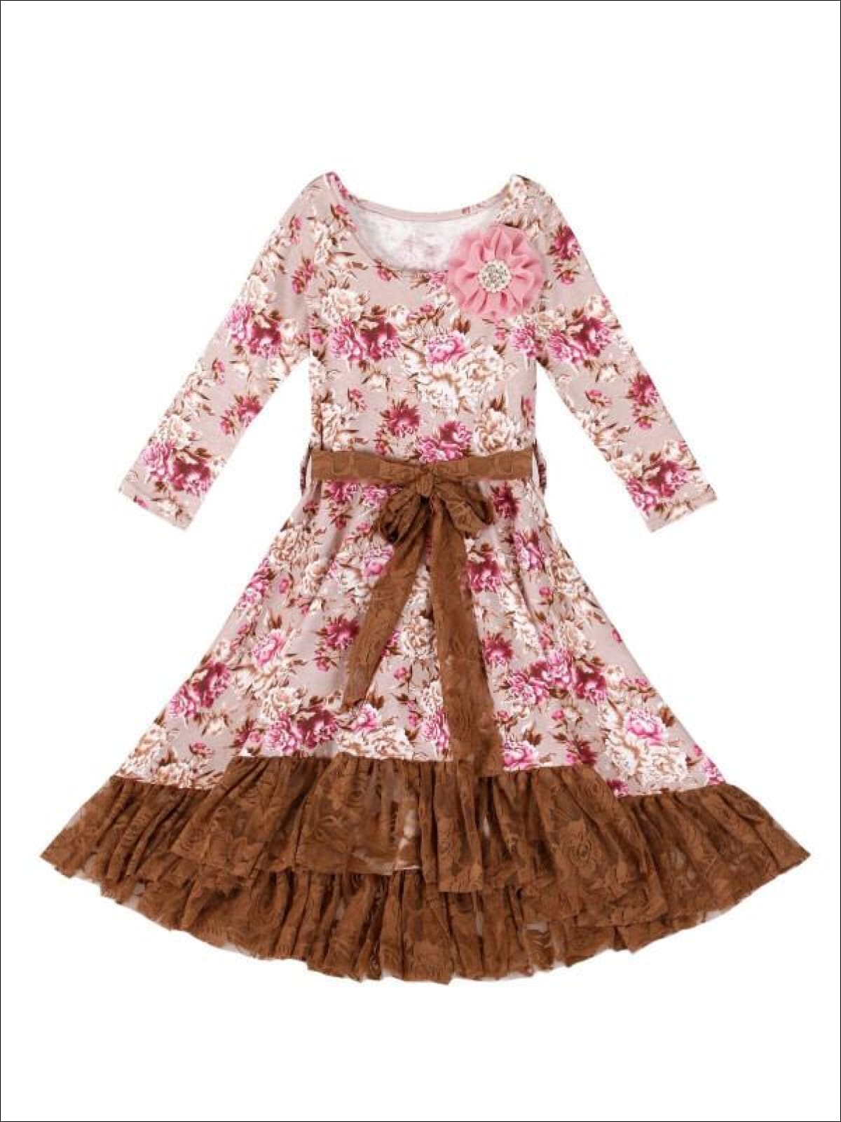 Girls Fall Flower Twirl Dress with Lace Ruffle & Sash - Taupe / 2T-3T - Girls Spring Dressy Dress