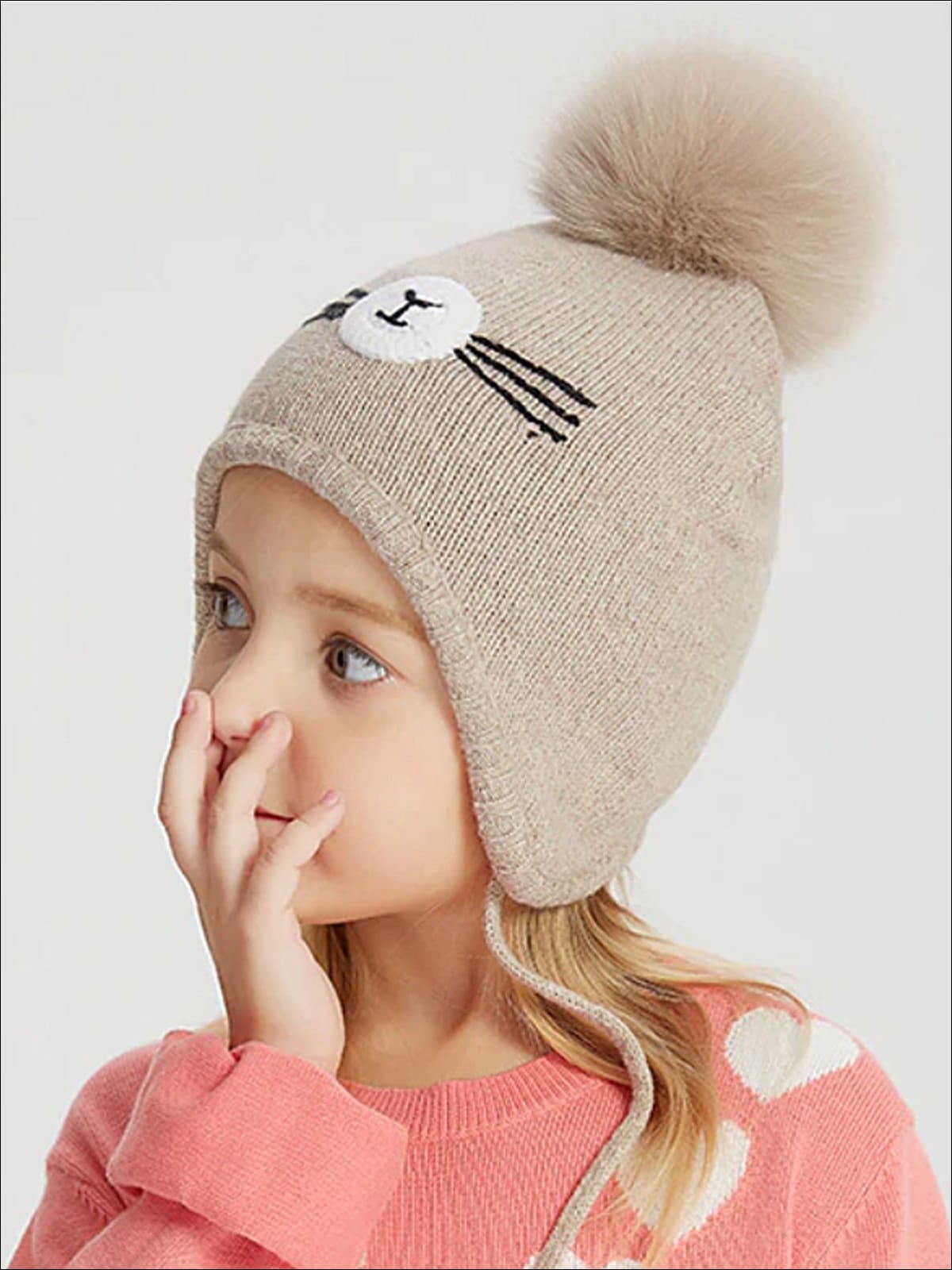 Girls Fall Knit Animal Whisker Pom Pom Beanie ( 6 Style Options) - Brown - Girls Hats