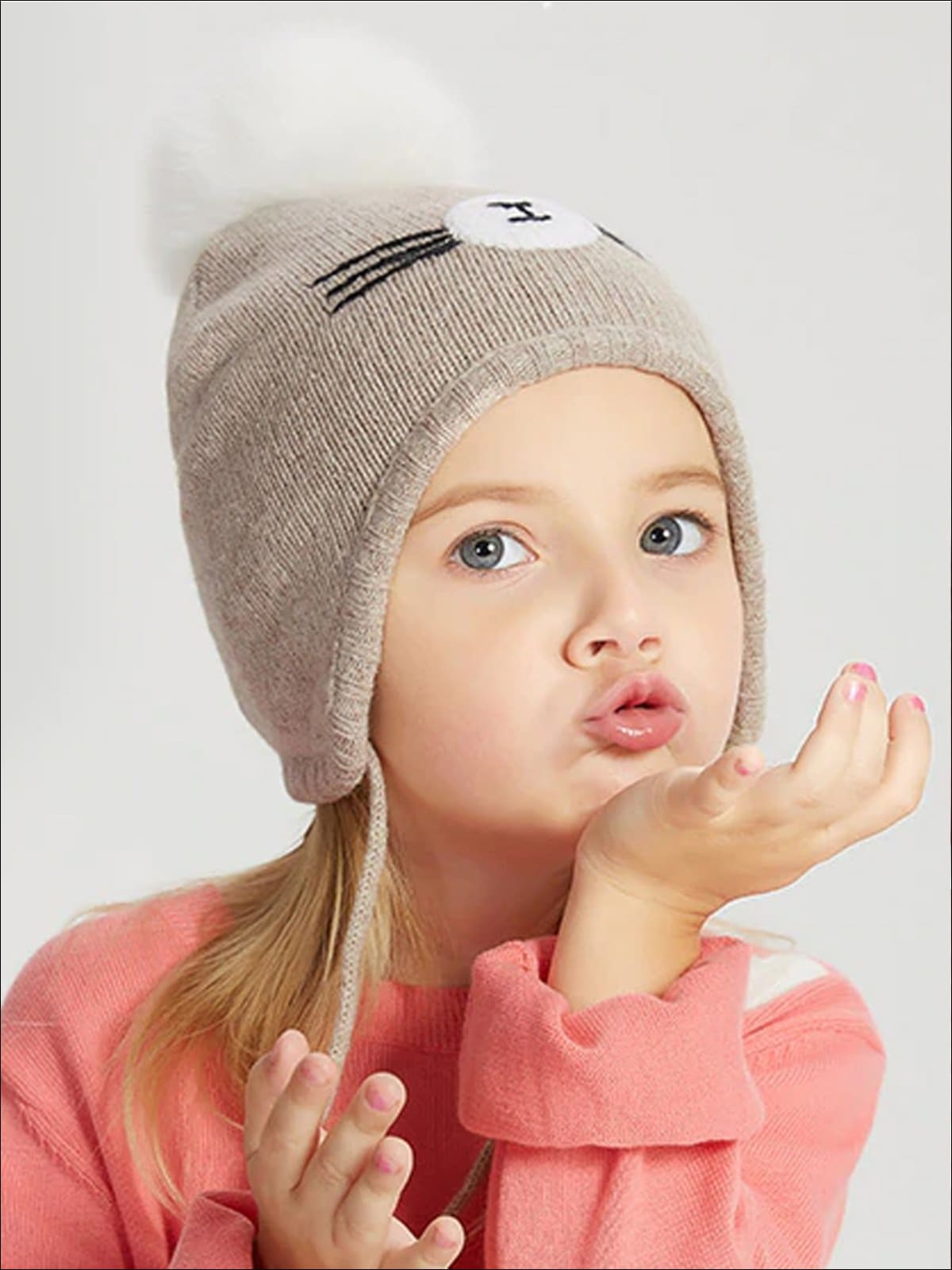 Girls Fall Knit Animal Whisker Pom Pom Beanie ( 6 Style Options) - Brown/White - Girls Hats