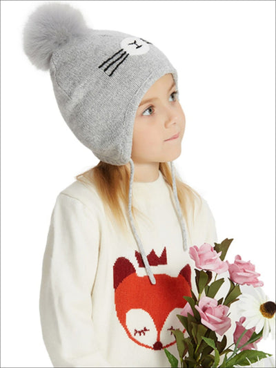 Girls Fall Knit Animal Whisker Pom Pom Beanie ( 6 Style Options) - Grey - Girls Hats