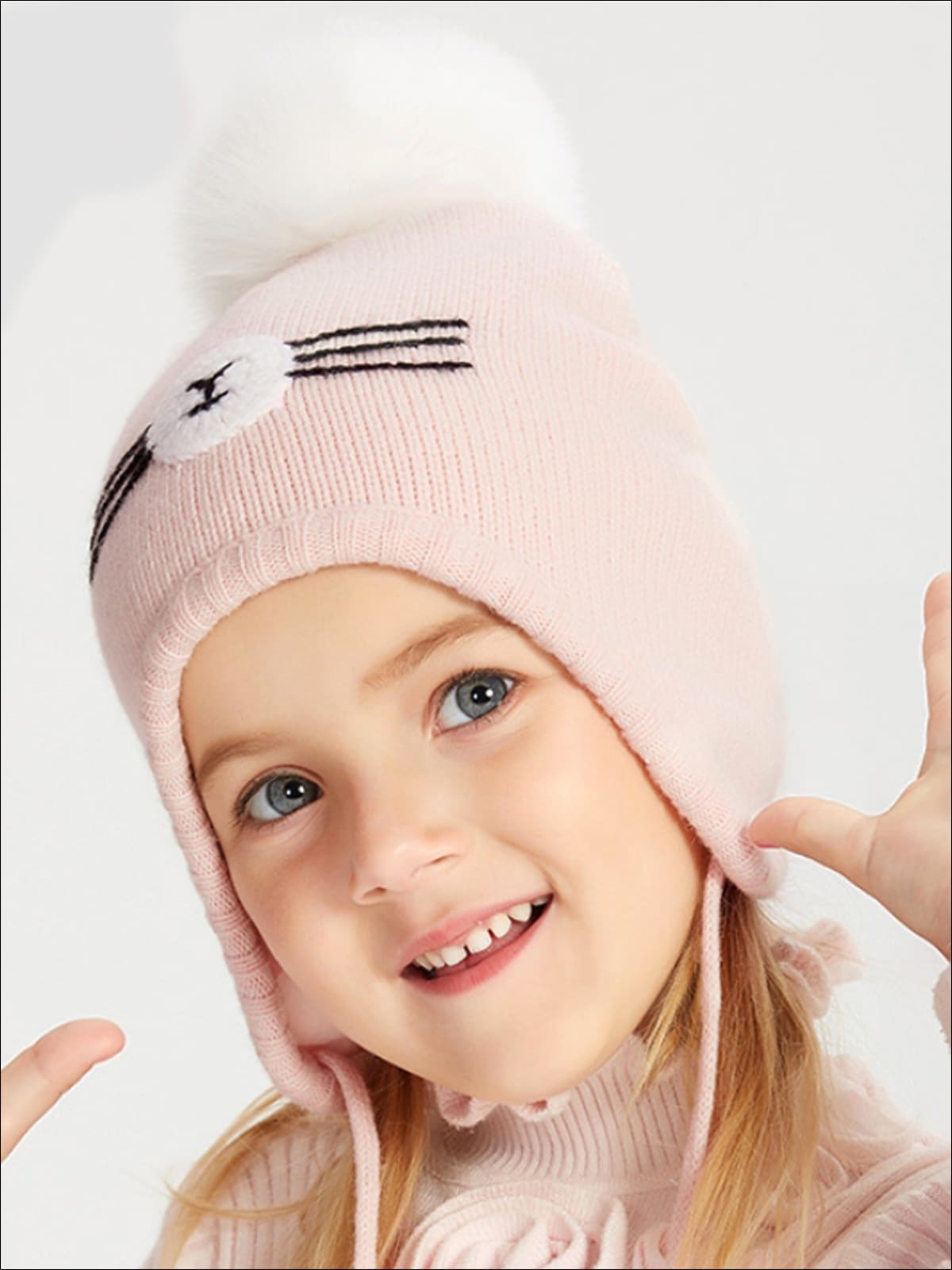 Girls Fall Knit Animal Whisker Pom Pom Beanie ( 6 Style Options) - Pink/White - Girls Hats