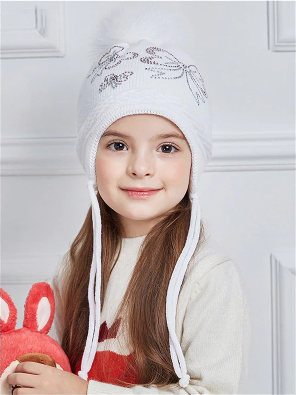 Girls Fall Knit Bow Tie Embellished Pom Pom Beanie - White - Girls Hats