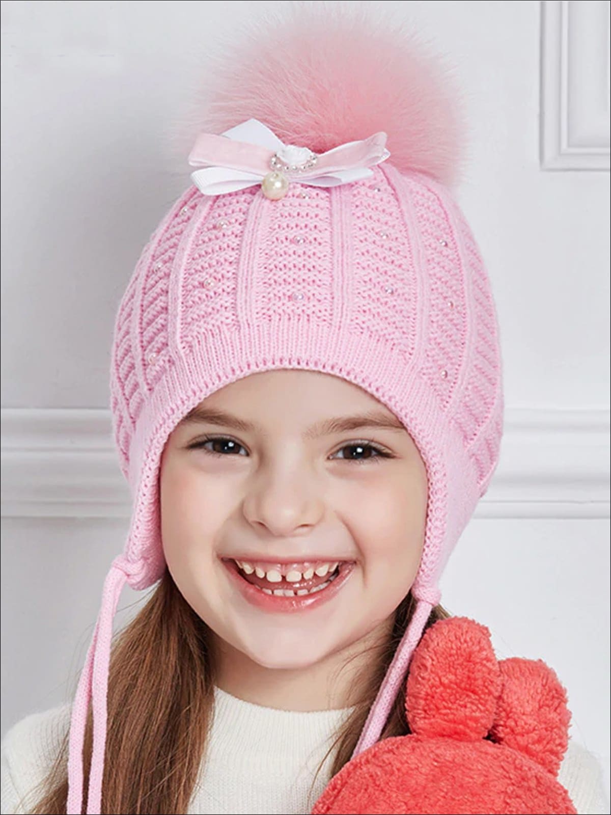 Girls Fall Knit Pearl Embellished Bow Tie Pom Pom Beanie ( 4 Color Options) - Light Pink / One - Girls Hats