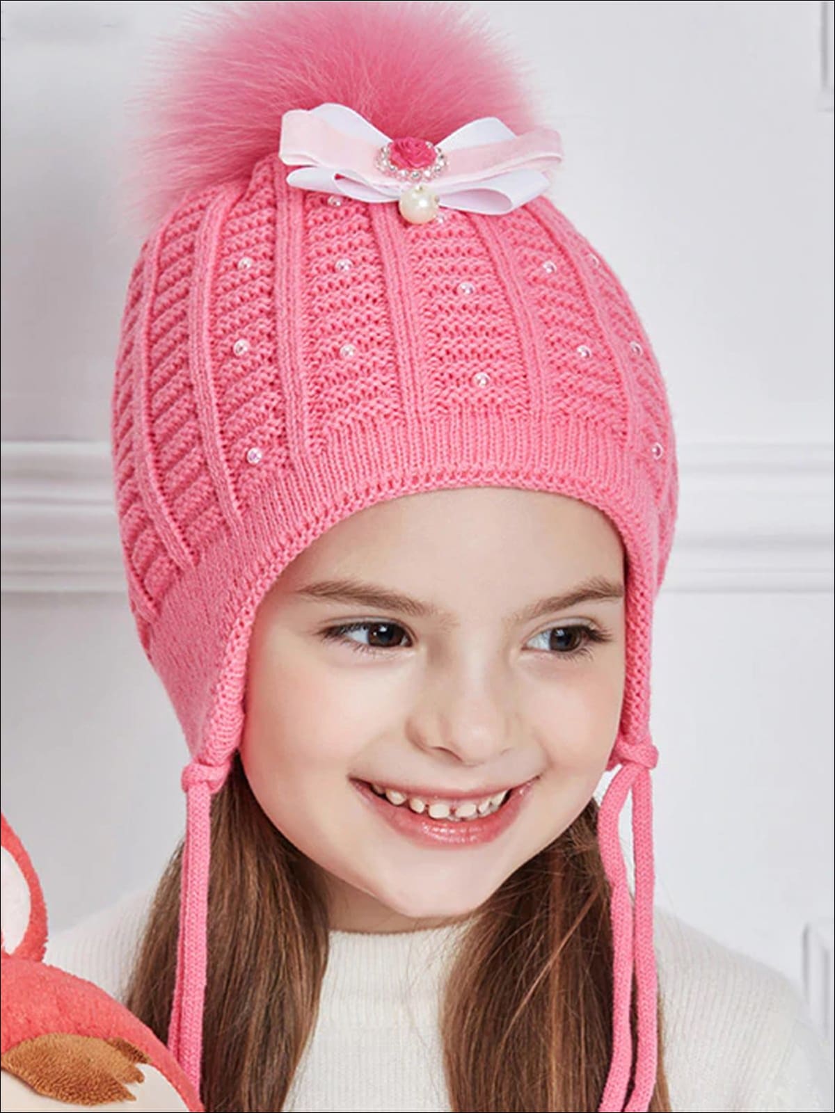 Girls Fall Knit Pearl Embellished Bow Tie Pom Pom Beanie ( 4 Color Options) - Pink / One - Girls Hats