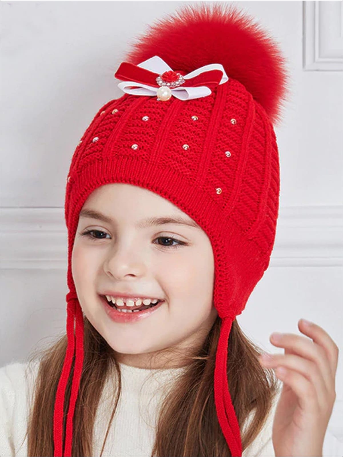Girls Fall Knit Pearl Embellished Bow Tie Pom Pom Beanie ( 4 Color Options) - Red / One - Girls Hats