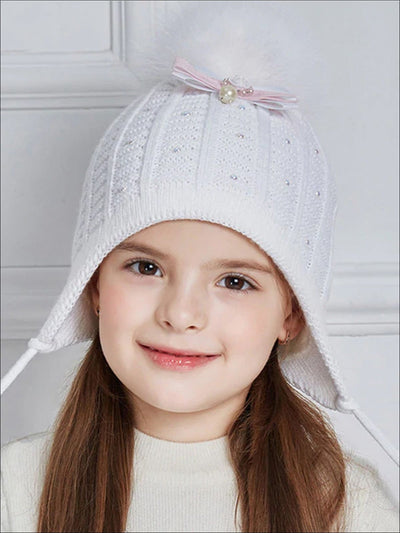 Girls Fall Knit Pearl Embellished Bow Tie Pom Pom Beanie ( 4 Color Options) - White / One - Girls Hats