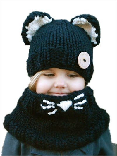 Girls Fall Knitted Cat Ear Hat with Whisker Neck Scarf - Black - Girls Hats