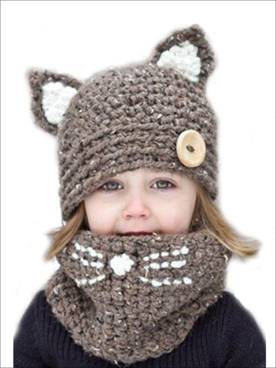 Girls Fall Knitted Cat Ear Hat with Whisker Neck Scarf - Brown - Girls Hats