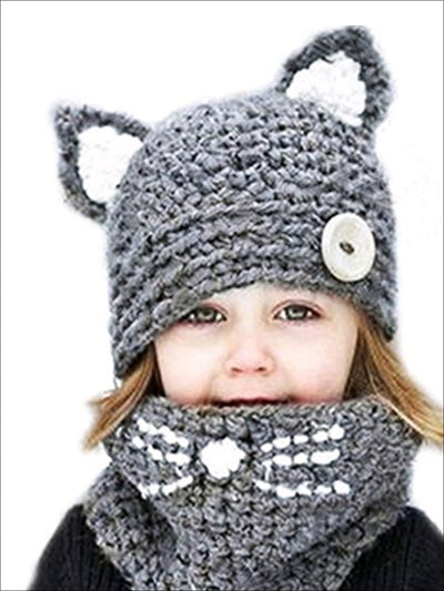 Girls Fall Knitted Cat Ear Hat with Whisker Neck Scarf - Grey - Girls Hats