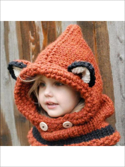 Girls Fall Knitted Fox Scarf Beanie - Red - Girls Hats