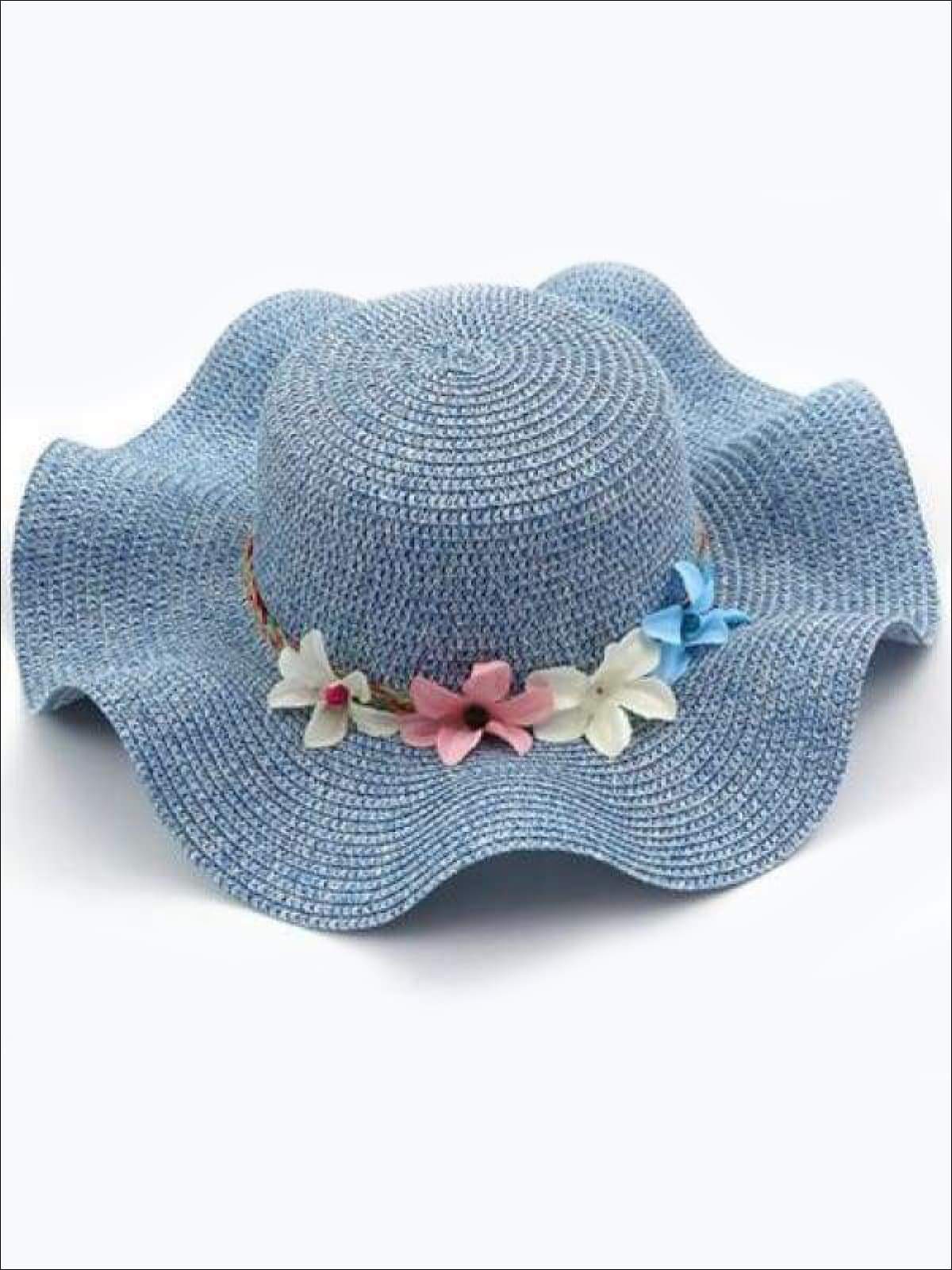 Girls Fashion Straw Hat with Flowers ( 5 colors) - Dark Blue / S - Hats & Caps