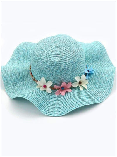 Girls Fashion Straw Hat with Flowers ( 5 colors) - Lake Blue / S - Hats & Caps