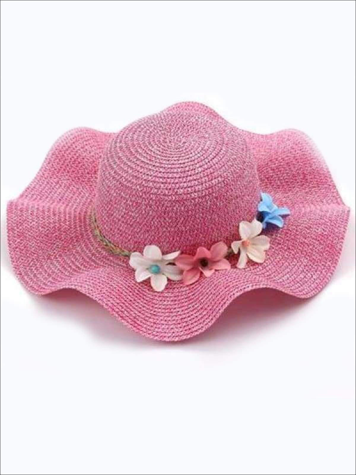 Girls Fashion Straw Hat with Flowers ( 5 colors) - Rose red / S - Hats & Caps