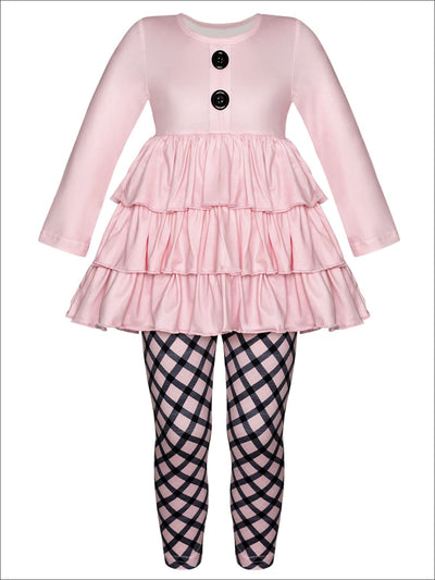 Girls Faux Button Tiered Ruffled Tunic & Printed Leggings Set - Pink / XS-2T - Girls Fall Casual Set