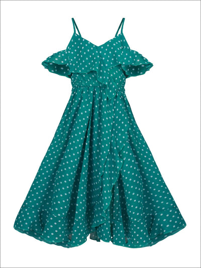 Girls Faux Wrap Polka Dot Off the Shoulder Ruffled Dress - Green / 2T/3T - Girls Spring Casual Dress
