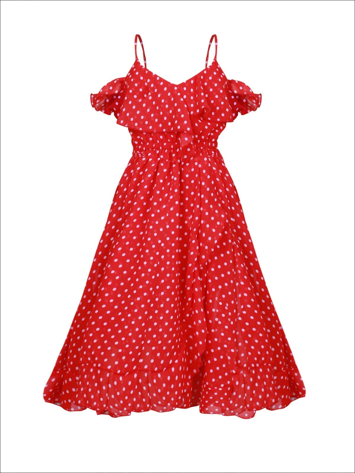 Girls Faux Wrap Polka Dot Off the Shoulder Ruffled Dress - Red / 2T/3T - Girls Spring Casual Dress