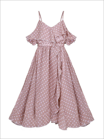 Girls Faux Wrap Polka Dot Off the Shoulder Ruffled Dress - Taupe / 2T/3T - Girls Spring Casual Dress
